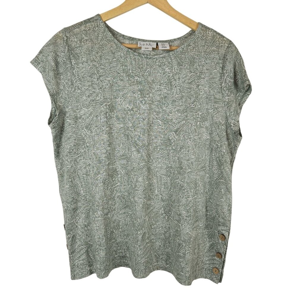 Nicole Miller Top Womens M 100% Linen Green Short Sleeve Button Lagenlook Summer